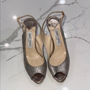 Jimmy Choo Sparkling Silver Peep-Toe Heels